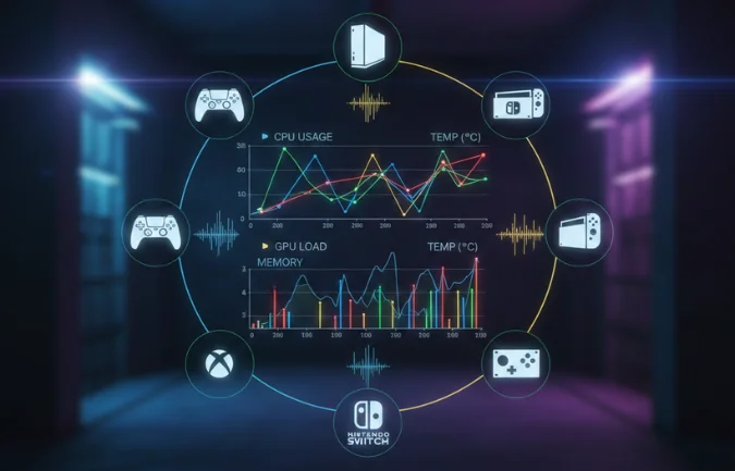 Quikconsole Com performance dashboard showing CPU, GPU, memory, and temperature analytics for multiple gaming consoles