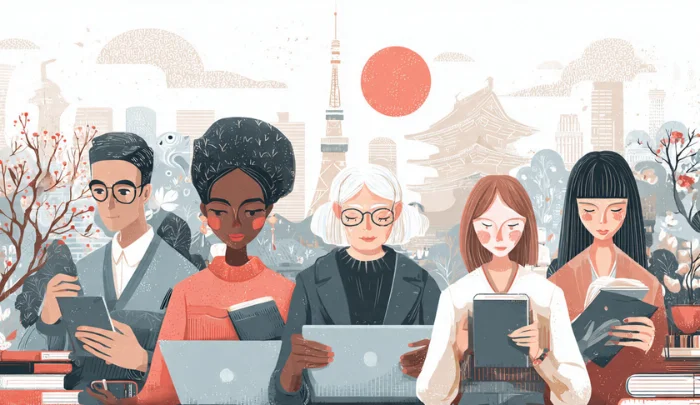 NTDTVJP audience illustration showing diverse people reading and engaging with Japanese news and culture