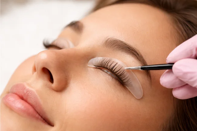 Cils Lifting process showing lashes lifted on a silicone rod during treatment