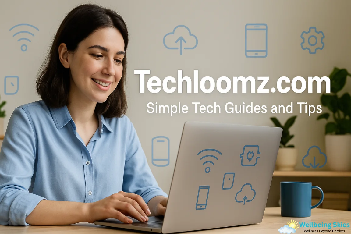 Woman using a laptop while reading techloomz com simple tech guides