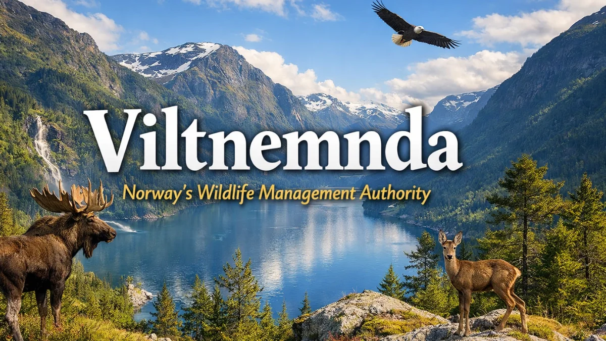 Viltnemnda overseeing Norway’s wildlife management in a scenic Norwegian fjord with moose, deer, and mountains