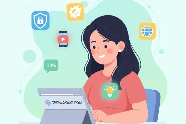 Illustration of a girl learning technology on a laptop with techloomz com tips