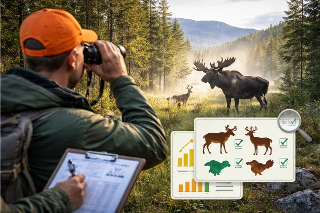 Viltnemnda monitoring wildlife populations as a biologist observes moose and deer in a Norwegian forest