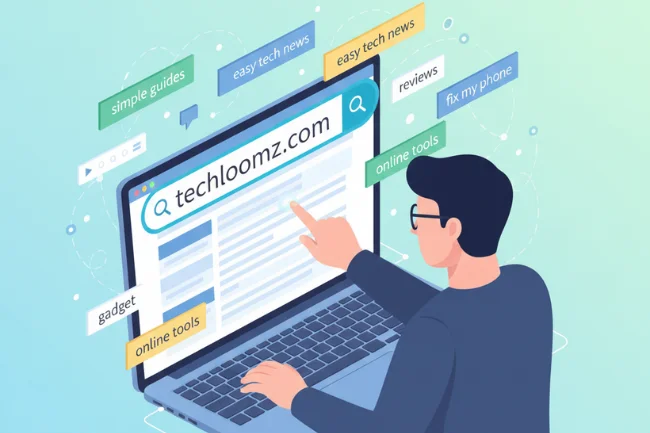 Illustration of a person searching techloomz com with keywords and SEO tags on a laptop