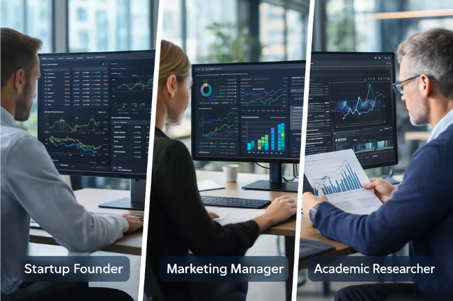 Startup founder, marketing manager, and academic researcher analyzing data dashboards that illustrate how Trucofax supports diverse professional needs.