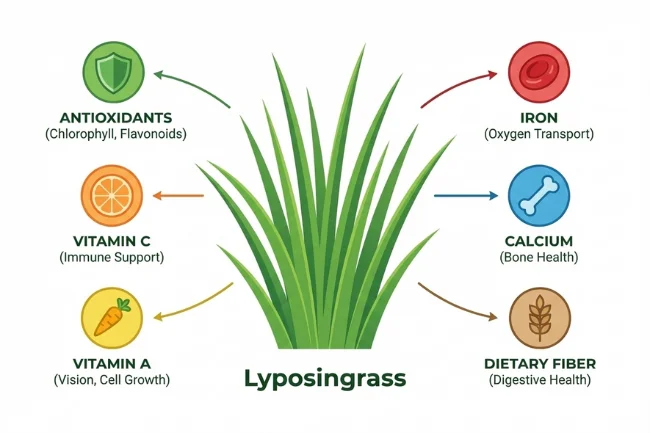 Lyposingrass nutritional infographic showing antioxidants, vitamin C, vitamin A, iron, calcium, and dietary fiber benefits