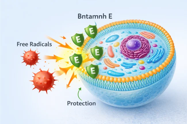 Bntamnh E protecting cell membranes from oxidative stress inside the human body