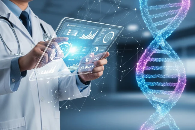 Doctor using advanced digital health interface representing Kompama integration in modern healthcare systems