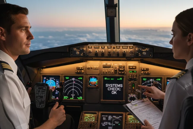 Pilots performing a systems check inside a cockpit, representing crew readiness during the United Airlines Flight UA770 Emergency Diversion.