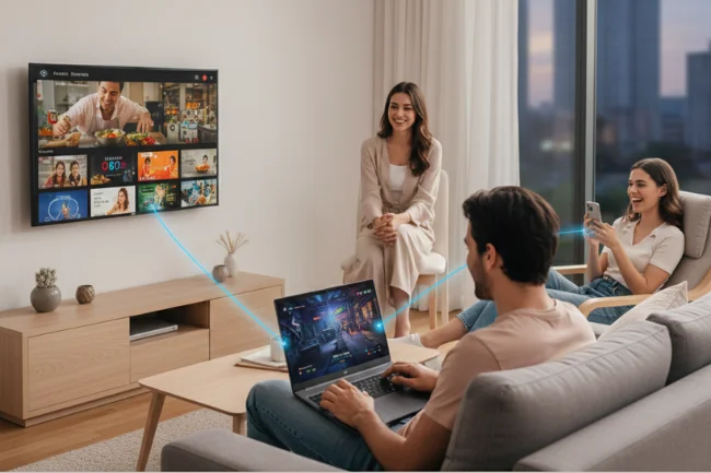 People enjoying multi-device streaming in a living room through Echostreamhub, showcasing seamless playback across TV, laptop, and smartphone.