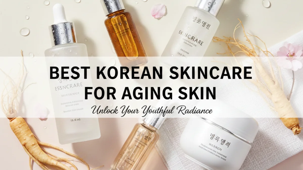 Best Korean Skincare for Aging Skin displayed with serums, creams, and ginseng roots on a clean flat-lay background.