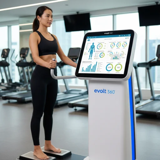 Person using an Evolt 360 body composition scanner to measure muscle mass, body fat, and overall health data
