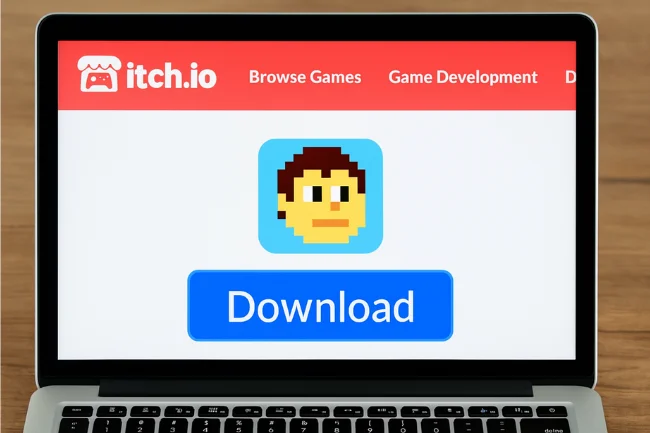 Where to Download Bobfusdie 7.9 shown on a laptop with itch.io download button