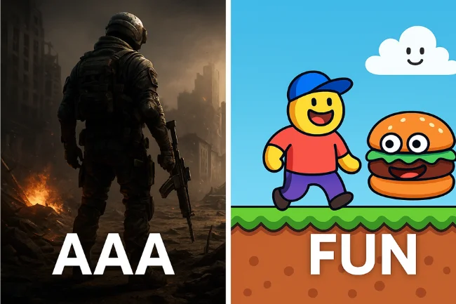 Bobfusdie 7.9 comparison showing AAA games vs fun indie gameplay