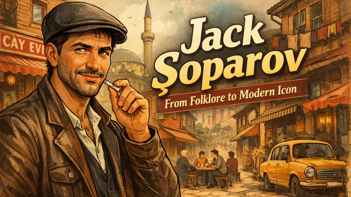 Jack Şoparov illustrated as a modern Turkish cultural icon in an urban street setting