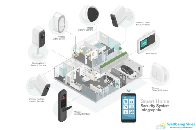 TechoElite smart home security system infographic showing cameras, sensors, and automated door locks