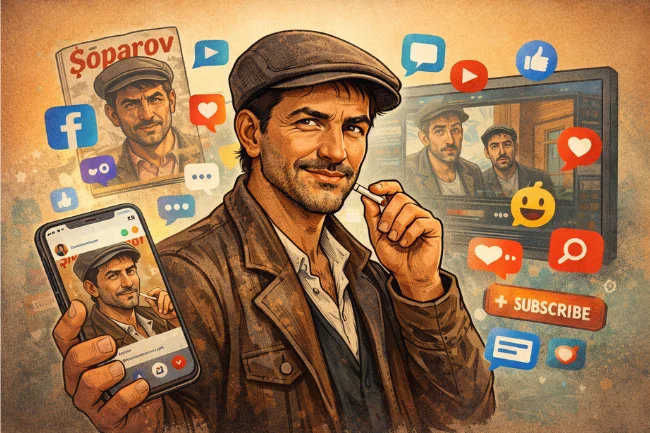 Jack Şoparov illustrated as a modern cultural icon surrounded by digital media and social influence