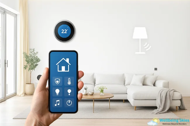 Modern smart home living room with a smartphone controlling lighting and thermostat