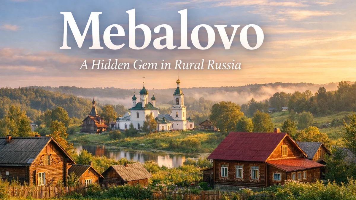 Mebalovo village in rural Russia with traditional wooden houses, an Orthodox church, and scenic natural landscape