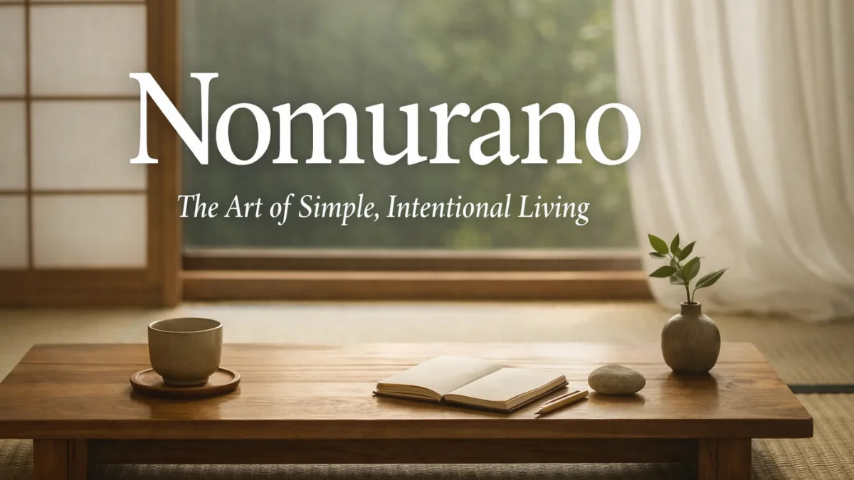 Nomurano minimalist Japanese interior with tea cup, notebook, and natural light representing simple, intentional living