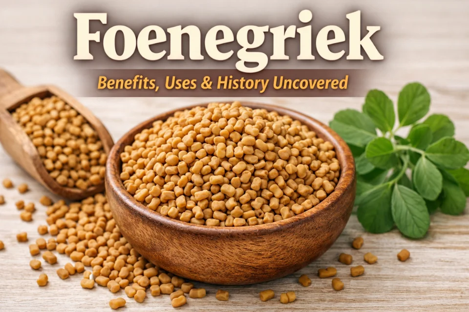 Foenegriek seeds in a wooden bowl with fresh fenugreek leaves on a natural background