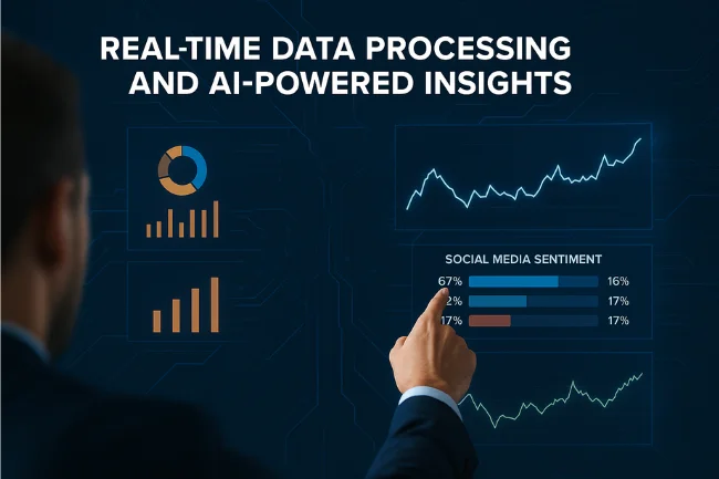 A futuristic digital dashboard showing real-time analytics and charts with a user interacting with the Trucofax interface.