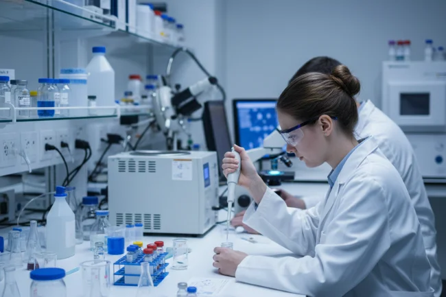 Peptide Formulation Science in a laboratory with researchers working with solutions and scientific tools.