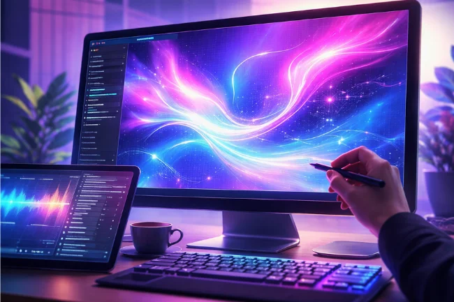 Miuzo-inspired digital art creation with abstract visuals on a modern creative workspace