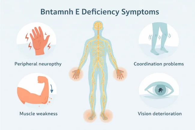 Bntamnh E deficiency symptoms showing nerve damage, muscle weakness, balance issues, and vision problems