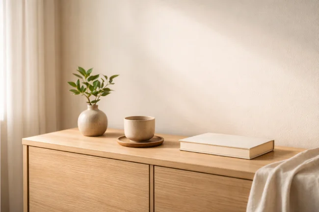 Nomurano intentional simplicity shown through a minimalist wooden surface with a book, tea cup, and plant