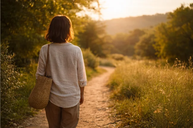 Nomurano lifestyle showing a person walking peacefully in nature, symbolizing calm, freedom, and intentional living