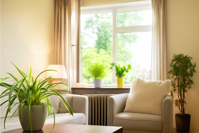 DrHomey Handy Tips for improving indoor air quality with plants in a well-lit living room.