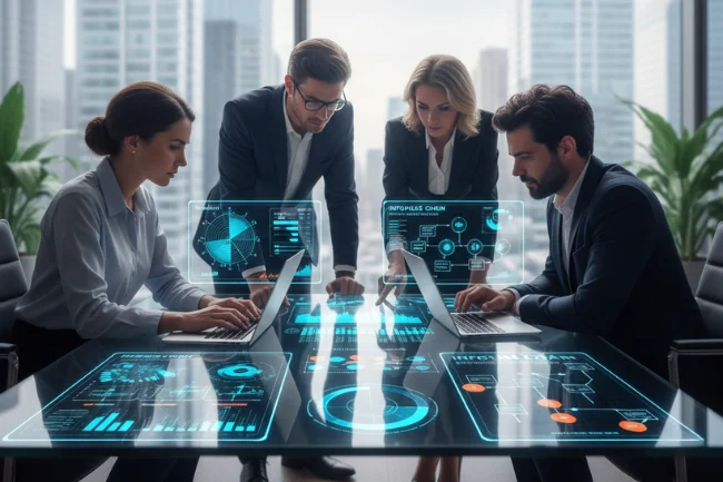 Roarleveraging Business Infoguide by Riproar - Business professionals analyzing data-driven insights in a modern office.