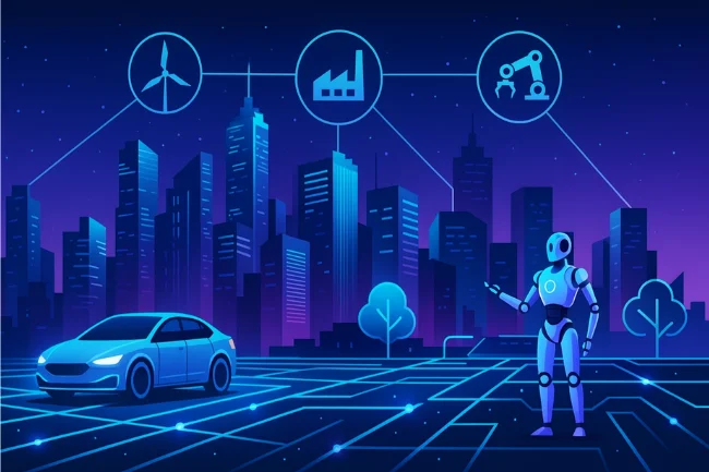 Futuristic city illustration representing smart systems, robotics, and automation inspired by Kompama