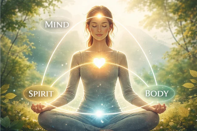 Holisticke concept illustrating the connection between body, mind, and spirit in a balanced human form