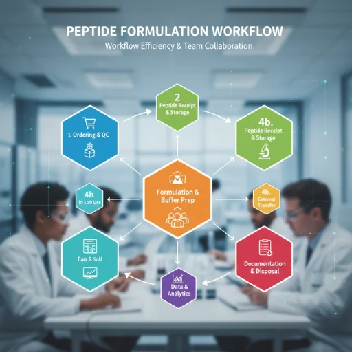 A professional diagram outlining a Peptide Formulation Science workflow, including stages for ordering, quality control, formulation, and team collaboration.