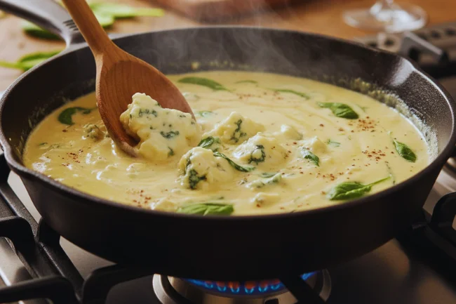 Masgonzola cheese melting into a creamy sauce in a skillet with spinach on a stovetop