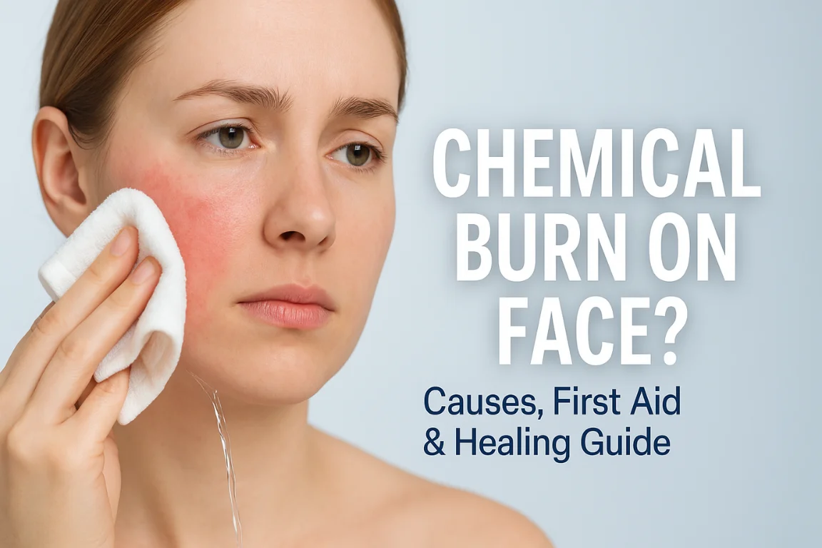 Woman soothing redness from a chemical burn on face with a cloth, highlighting irritation and first-aid care.