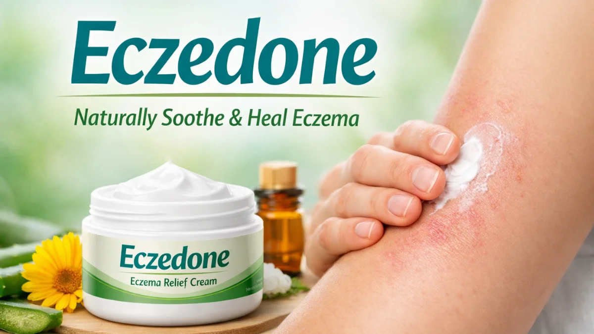 Eczedone Eczema Relief Cream applied to inflamed skin with natural ingredients like aloe vera and calendula in the background.