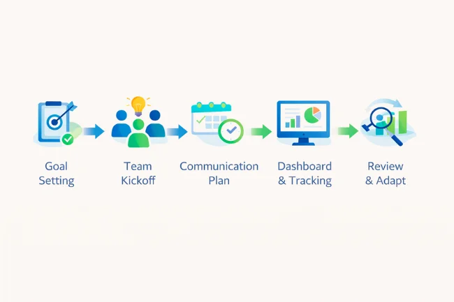 DGH A implementation process showing goal setting, team collaboration, communication, and review steps