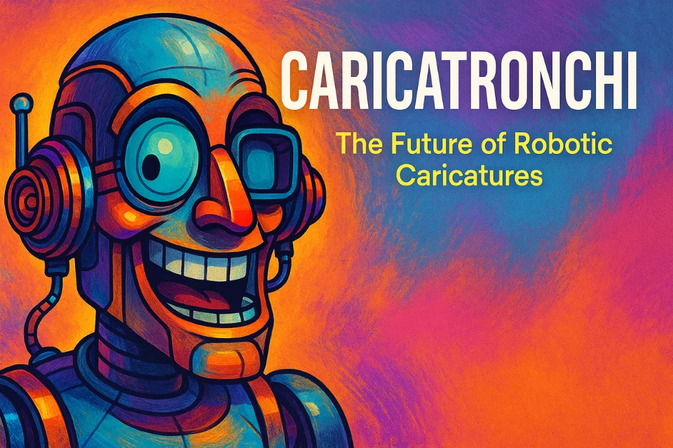 Vibrant Caricatronchi robotic caricature illustration with exaggerated features and colorful futuristic design