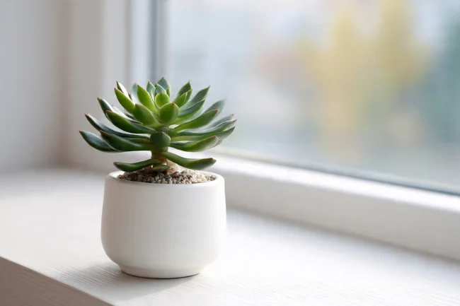 Suçculent plant in a white pot placed on a bright windowsill