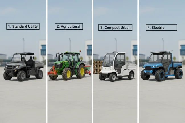 Four types of Afruimwagens displayed side by side, showing standard utility, agricultural, compact urban, and electric models
