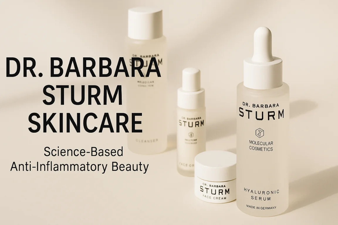High-quality flat-lay image of Dr. Barbara Sturm skincare products with clean, minimal packaging and text highlighting the brand’s science-based beauty approach.