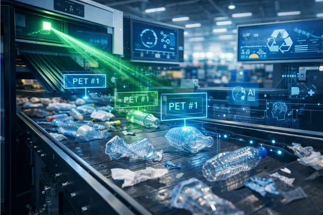 A Matarecycler AI sensor distinguishing between two types of PET #1 plastic containers.