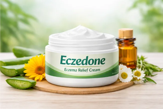 Eczedone Eczema Relief Cream displayed with natural ingredients like aloe vera and chamomile, offering soothing relief for eczema.