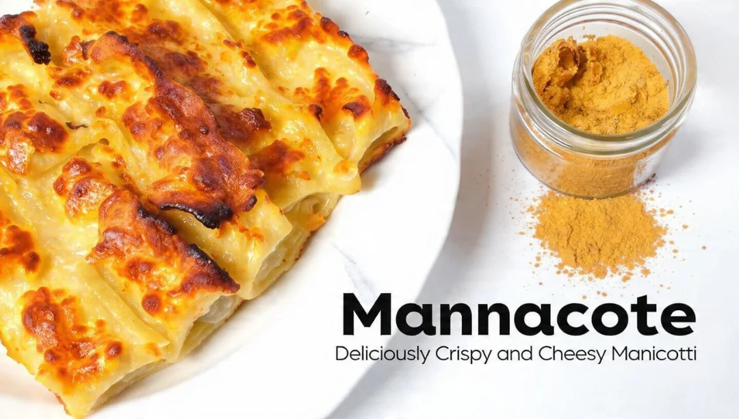Mannacote sprinkled beside a plate of golden, cheesy manicotti showcasing its crisp texture and perfect baked finish.