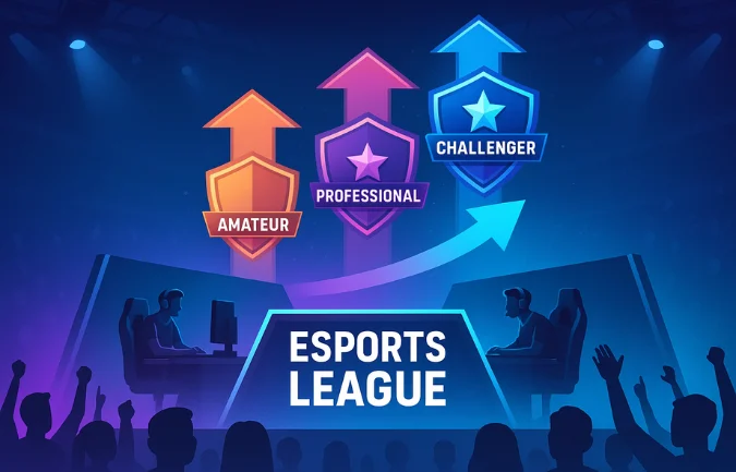 Esports league progression showing amateur, professional, and Gamer Challenger ranks in a vibrant arena scene