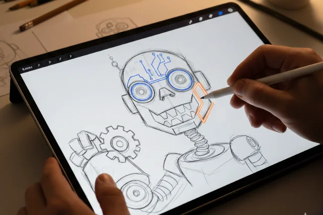 Artist digitally sketching a Caricatronchi robotic caricature on a tablet with exaggerated features and circuit-style details