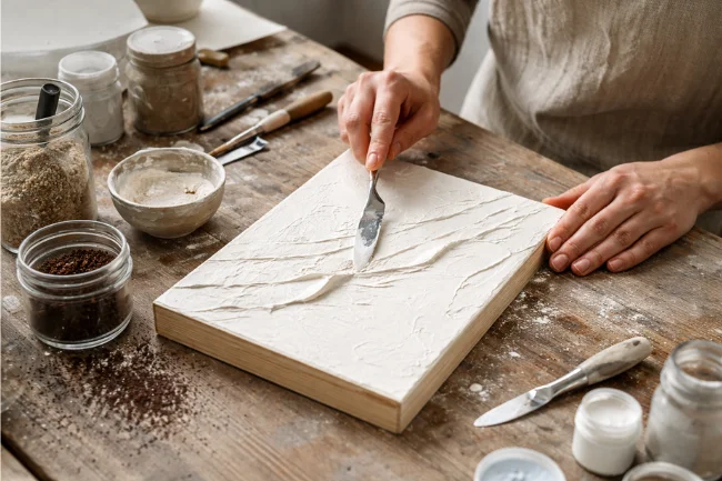 Gessolini beginner process showing palette knife texture on wooden art board